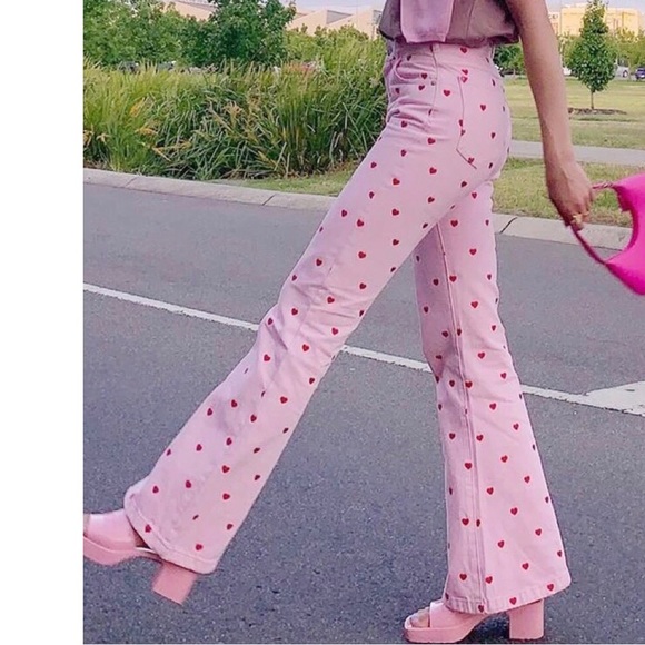 Heart pants bottoms trouser pink hearts flared womenâs - Picture 7 of 10
